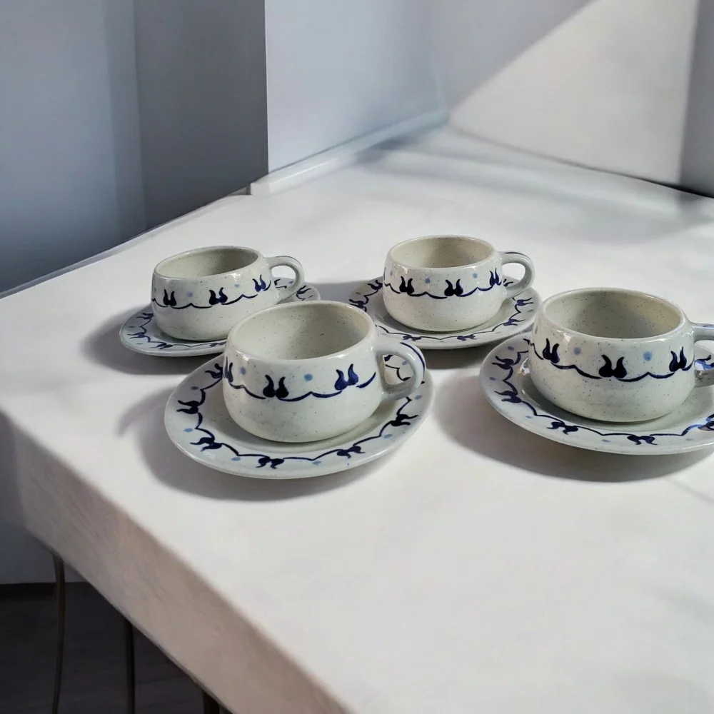 Vintage Metlox Provincial Blue Poppy Trail 4 Coffee Cups and Saucers Cottagecore